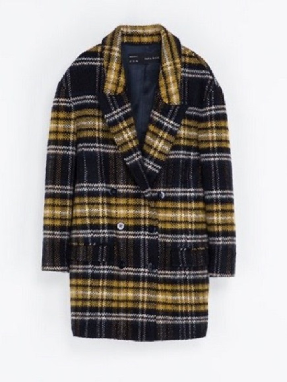 Zara Black and Mustard Plaid Double-Breasted oversized Coat. Size M